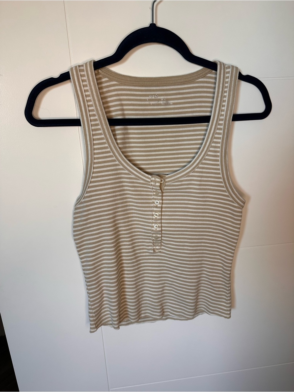 Aerie Beige and White Striped Cropped Henley Tank Top